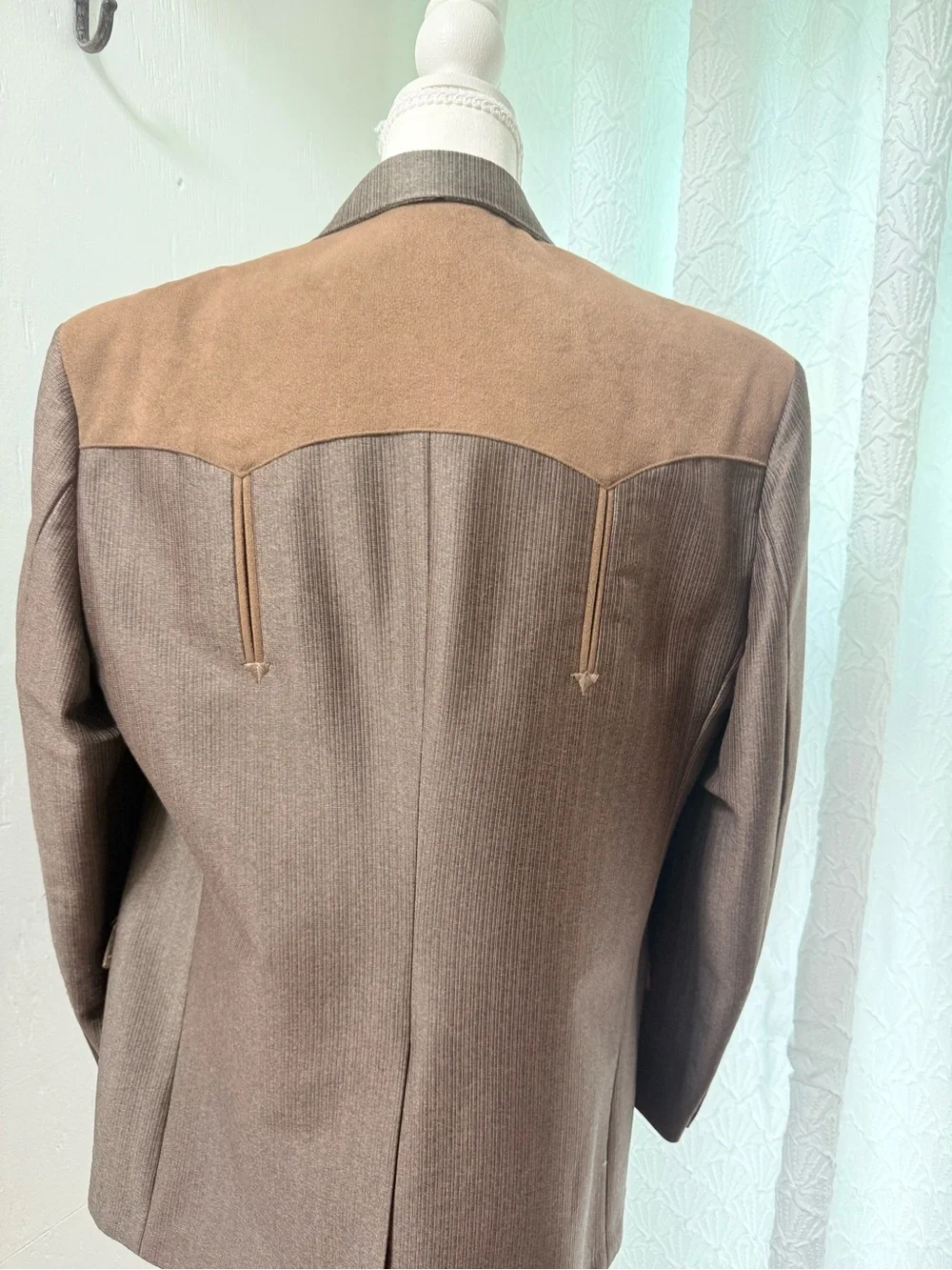 Men's Brown Pinstripe Blazer with Suede Shoulder Panels